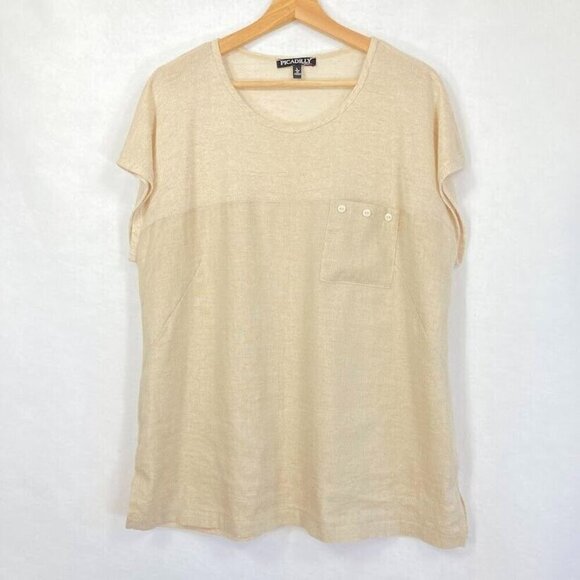 Picadilly Made In Canada Linen Blend Short Sleeve Blouse Coastal Boho L - Picture 1 of 4